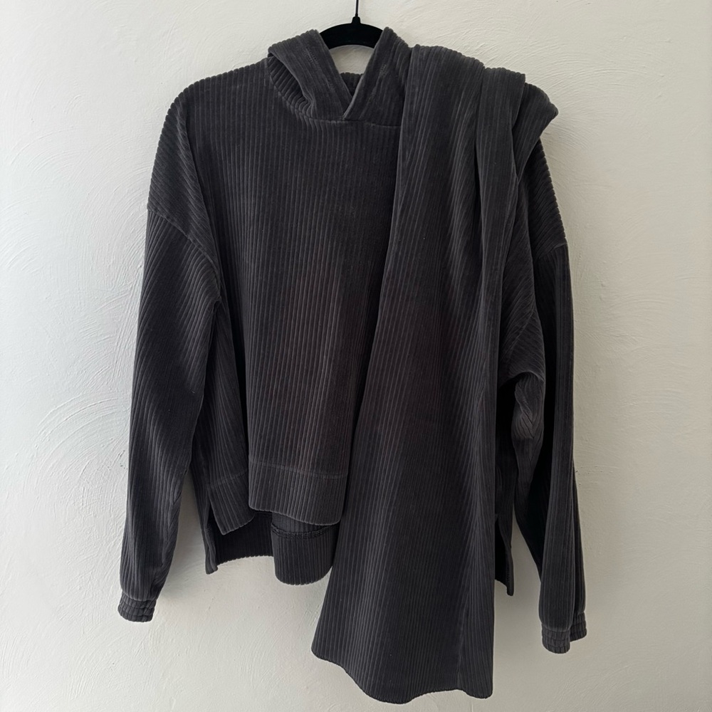Aerie Cozy Comfy Charcoal Gray Ribbed Velour Hoodie and Pants Matching Set